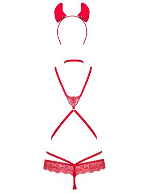 Эротический костюм чертика из стреп Obsessive Evilia teddy red S/M, боди, чокер, накладки на соски,