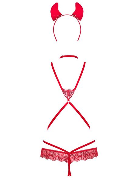 Эротический костюм чертика из стреп Obsessive Evilia teddy red S/M, боди, чокер, накладки на соски,