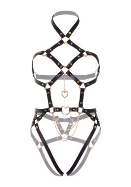 Портупея-тедді з екошкіри Leg Avenue Heart ring harness teddy S Black, підвіска-сердечко, ланцюги