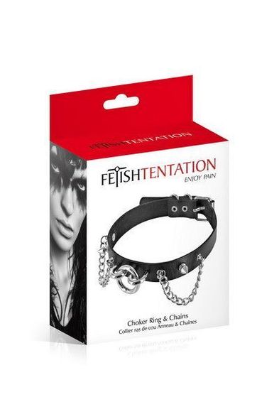 Нашийник ланцюжками, шипами і кільцем Fetish Tentation Choker Rings and Chains, екошкіра