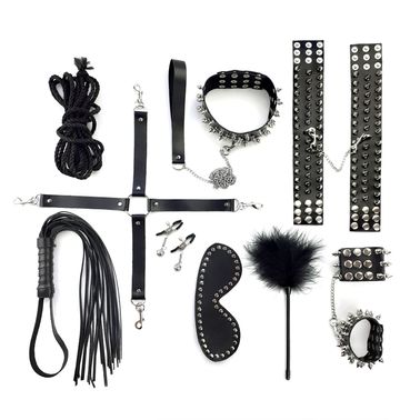 Набір Art of Sex - Spikes BDSM Set Leather, 10 предметів, натуральна шкіра, Чорний