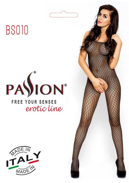 Бодістокінг Passion BS010 black, комбінезон, дрібна сіточка