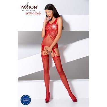 Бодистокинг Passion BS070 red, комбинезон, имитация чулок и ажурного топа