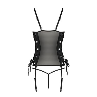 Сетчатый корсет из эко-кожи, с люверсами и съемными пажами Malwia Corset black S/M — Passion, стринг