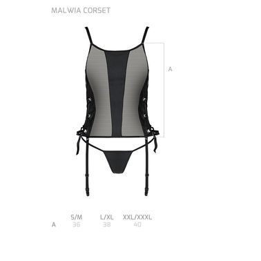 Сетчатый корсет из эко-кожи, с люверсами и съемными пажами Malwia Corset black S/M — Passion, стринг