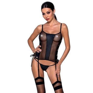 Сетчатый корсет из эко-кожи, с люверсами и съемными пажами Malwia Corset black S/M — Passion, стринг