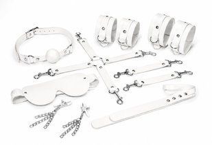 Набір Feral Feelings BDSM Kit 7 White, наручники, поножі, конектор, маска, падл, кляп, затискачі