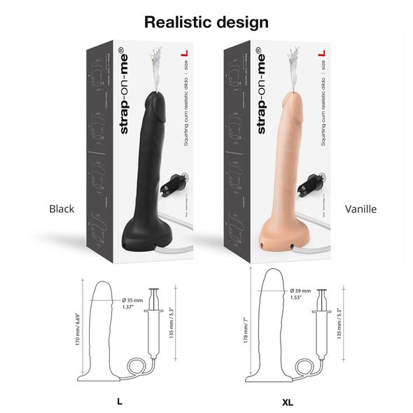 Кончающий фаллоимитатор Strap-On-Me Squirting Cum Dildo Realistic Vanilla, диам. 3,5 см, силикон, Чорний, S, Чорний