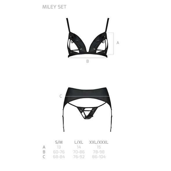 Комплект з екошкіри Passion Miley Set black S/M: трусики, бюстгальтер, пояс для панчіх