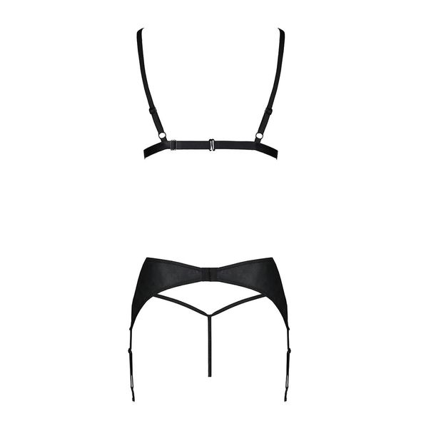 Комплект из эко-кожи Passion Miley Set black S/M: трусики, бюстгальтер, пояс для чулок