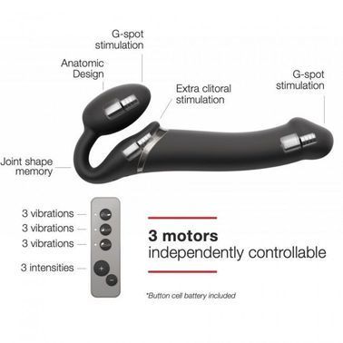 Безремінний страпон з вібрацією Strap-On-Me Vibrating Black M, діаметр 3,3 см, пульт ДК, регульовани
