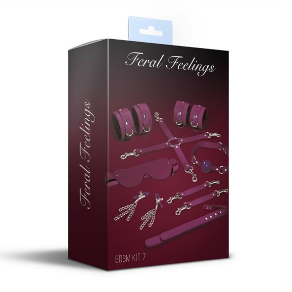 Набір Feral Feelings BDSM Kit 7 Burgundy, наручники, поножі, конектор, маска, падл, кляп, затискачі