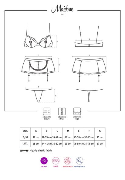 Эротический костюм горничной Obsessive Maidme set 5pcs S/M, бюстгальтер, пояс с фартуком, чулки, стр