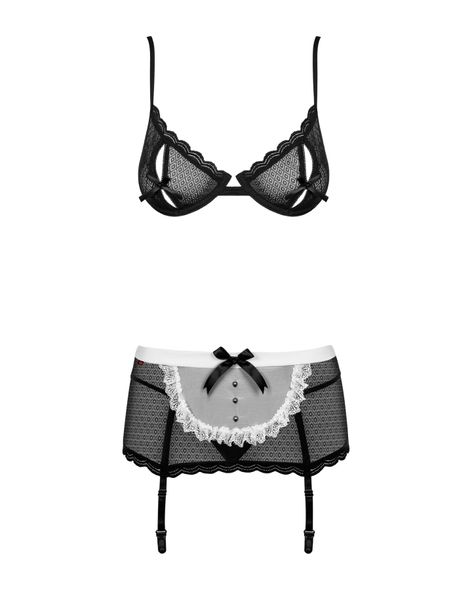 Еротичний костюм покоївки Obsessive Maidme set 5pcs S/M, бюстгальтер, пояс з фартухом, панчохи, стрі