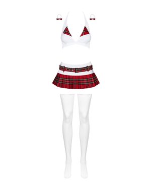 Эротический костюм школьницы с мини-юбкой Obsessive Schooly 5pcs costume S/M, бело-красный, топ, юбк