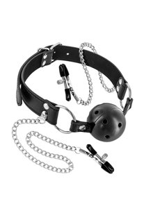 Воздухопроницаемый кляп с зажимами для сосков Fetish Tentation Rigid Gag Ball with Nipple Clamps