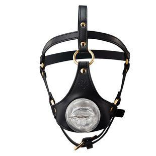 Маска-збруя для мінету LOCKINK SEVANDA Blowjob Head Harness, чорна, з м&rsquo;якою вставкою у вигляді губ