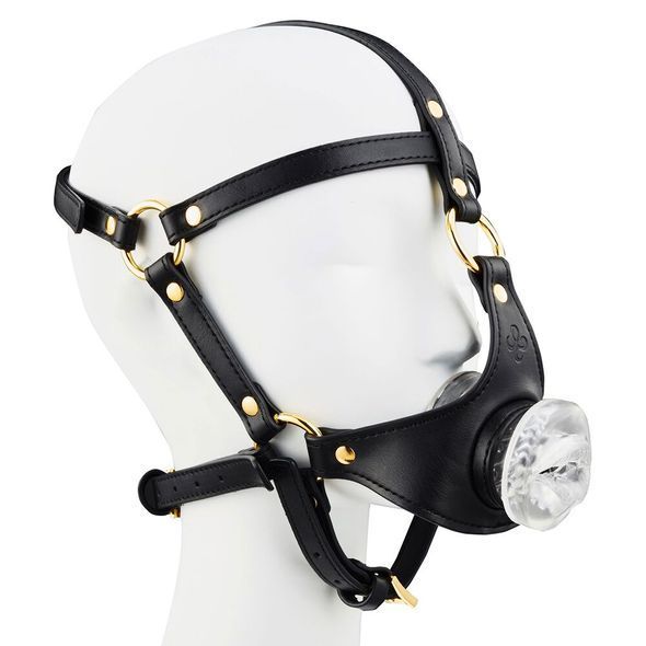 Маска-збруя для мінету LOCKINK SEVANDA Blowjob Head Harness, чорна, з м&rsquo;якою вставкою у вигляді губ