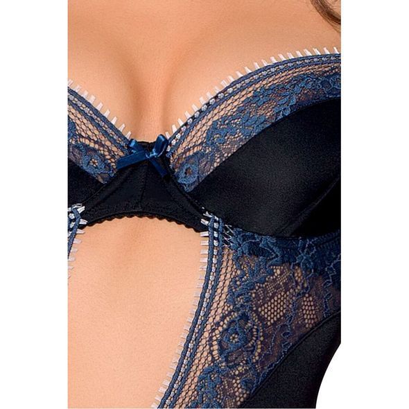 Корсет Gisele Corset black L/XL &mdash; Passion Exclusive: с вырезом на животике, вставки из бело-синего к