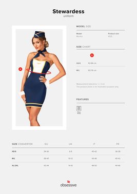 Эротический костюм стюардессы Obsessive Stewardess uniform XS/S, blue, платье, пилотка, шарф, манжет