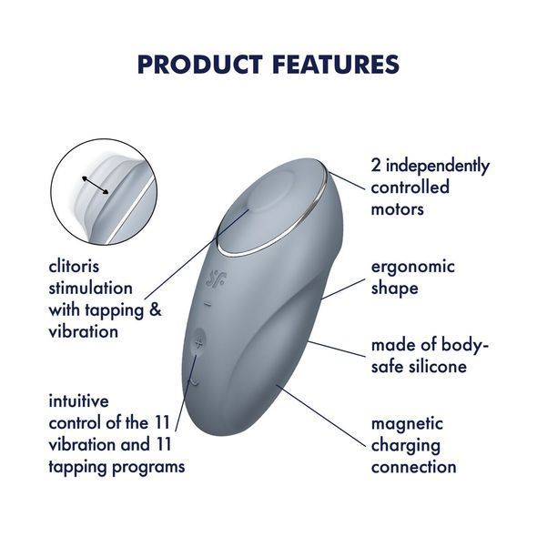 Вібростимулятор-пульсатор Satisfyer Tap & Climax 1 Bluegrey, ефект постукування пальцем, 2 мотори, Сірий, Сірий