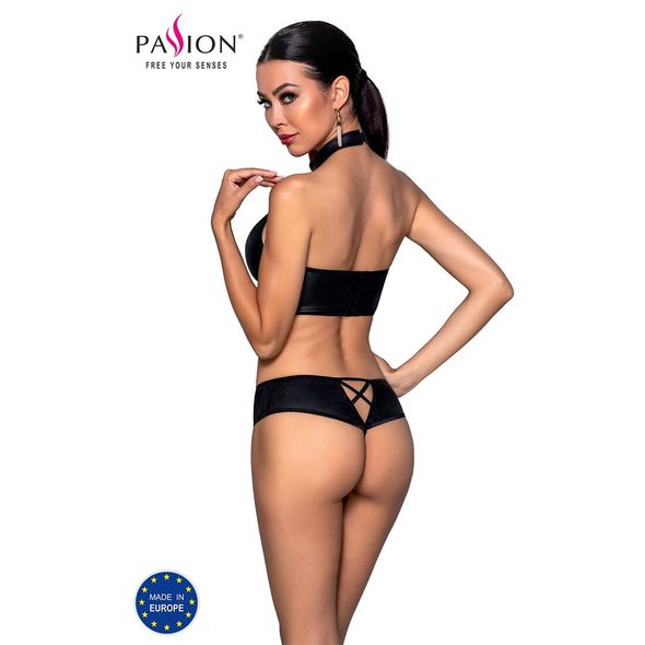 Комплект з еко-шкіри Nancy Bikini black S/M - Passion, бра та трусики з імітацією шнурівки